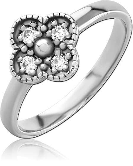 316L SURGICAL STEEL RING QUATREFOIL TOP WITH FOUR CLEAR GEMS ACCENTS
