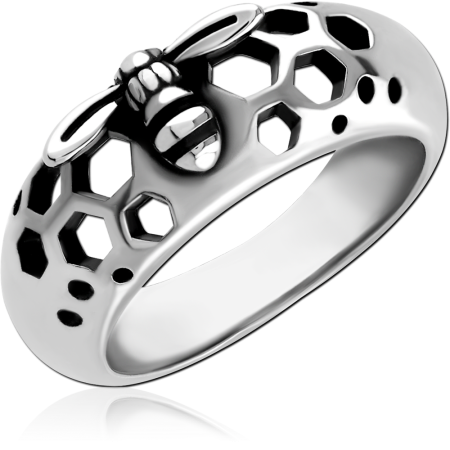 316L SURGICAL STEEL RING RAISED BEE AND HONEYCOMB CUTOUT BAND DESIGN
