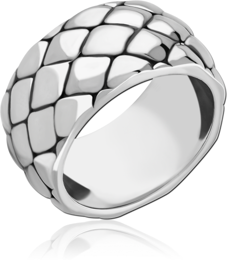 316L SURGICAL STEEL RING DOMED DIAMOND SCALE PATTERN WITH DARK ACCENTS