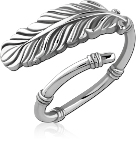 316L SURGICAL STEEL RING OPEN BAND LONG FEATHER TOP WITH WRAP DETAILS