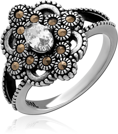 316L SURGICAL STEEL JEWELED RING VINTAGE CLUSTER WITH CLEAR AND BROWN GEMS