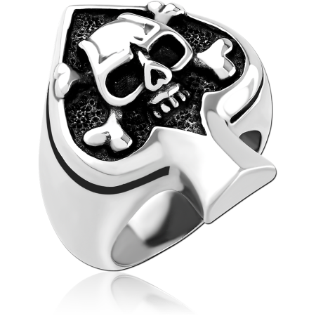 316L SURGICAL STEEL RING SPADE SKULL AND CROSSBONES BLACKENED DETAIL BAND