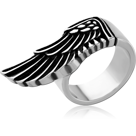316L SURGICAL STEEL RING ANGEL WING TOP BLACKENED DETAIL STATEMENT BAND
