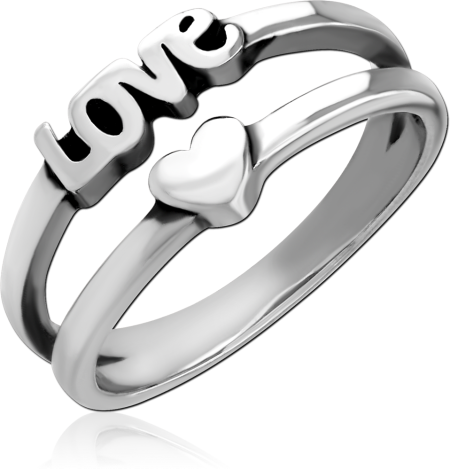 316L SURGICAL STEEL RING DOUBLE BAND LOVE SCRIPT WITH RAISED HEART ACCENT