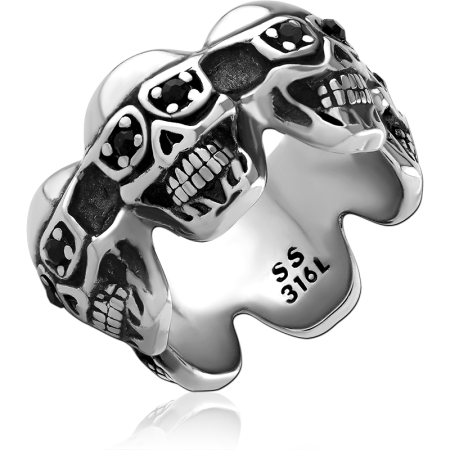 316L SURGICAL STEEL RING MULTI SKULL BAND WITH BLACK GEM EYES