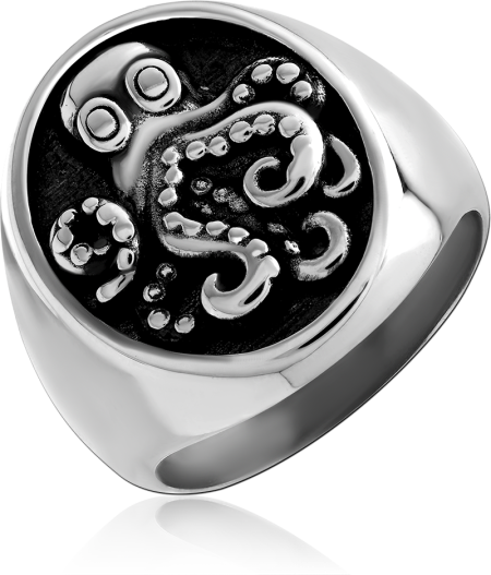 316L SURGICAL STEEL RING OVAL SIGNET OCTOPUS ENGRAVED BLACKENED BACKGROUND DESIGN