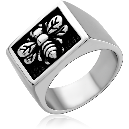 316L SURGICAL STEEL RING RECTANGULAR SIGNET BEE EMBLEM BLACKENED BACKGROUND DESIGN