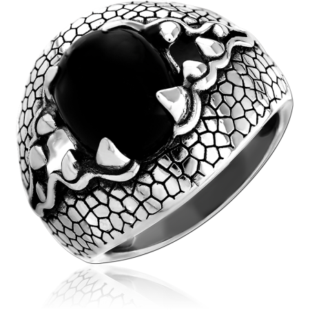 316L SURGICAL STEEL RING DRAGON SCALE BAND WITH BLACK OVAL STONE CLAW SETTING