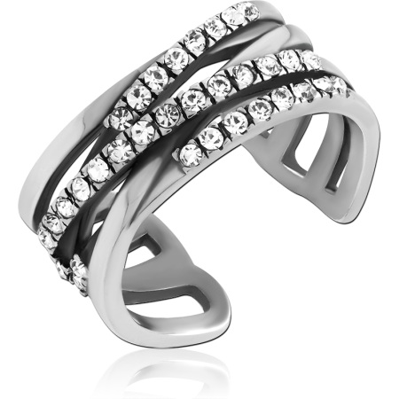 316L SURGICAL STEEL RING OVERLAPPING BANDS WITH DOUBLE ROW CLEAR CRYSTAL ACCENTS