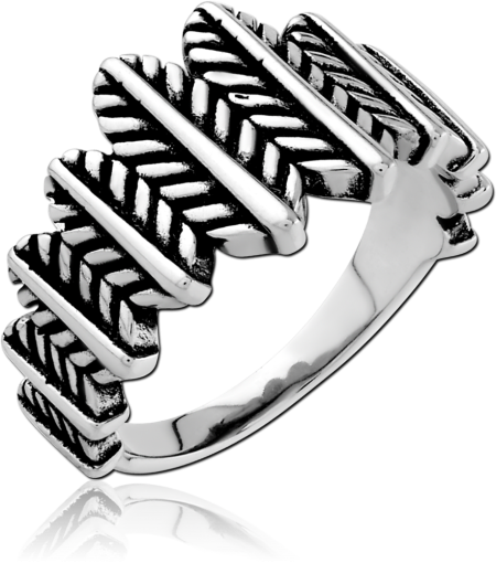 316L SURGICAL STEEL RING HERRINGBONE CHEVRON PATTERN OXIDIZED DETAILING BAND DESIGN