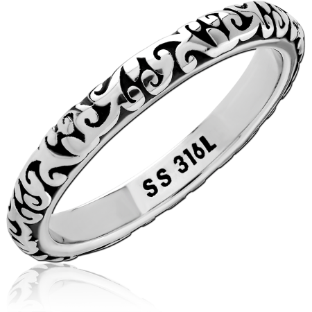 316L SURGICAL STEEL RING ENGRAVED SCROLL PATTERN BAND