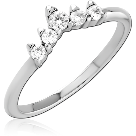 316L SURGICAL STEEL RING CURVED CHEVRON BAND GRADUATED FIVE ROUND GEMS TIARA