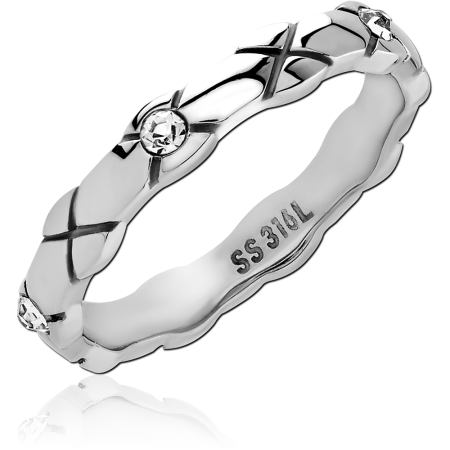 316L SURGICAL STEEL RING CRISSCROSS QUILTED BAND ROUND GEM ACCENTS