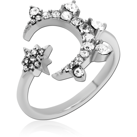 316L SURGICAL STEEL RING OPEN BAND CRESCENT MOON AND STAR GEM CLUSTERS