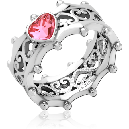 316L SURGICAL STEEL RING FILIGREE CROWN WITH RED HEART GEM