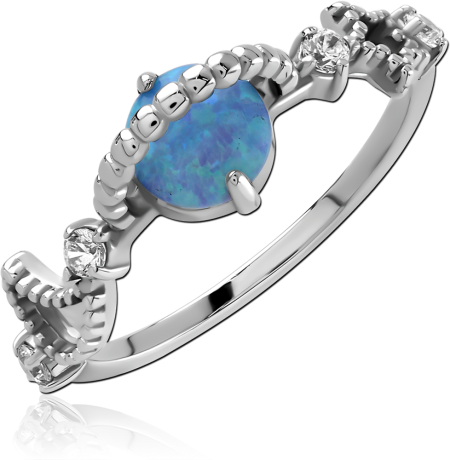 316L SURGICAL STEEL RING BLUE OPAL CENTER WITH CLEAR GEM ACCENTS