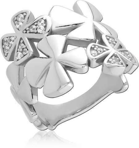 316L SURGICAL STEEL RING FOUR-LEAF CLOVER CLUSTER WITH CLEAR GEMS