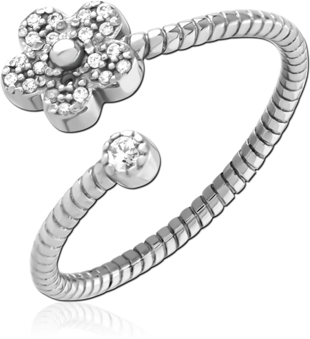 316L SURGICAL STEEL RING OPEN COIL WITH PAVE FLOWER AND CLEAR GEM