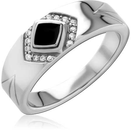 316L SURGICAL STEEL RING BLACK SQUARE GEM WITH CLEAR HALO ACCENTS