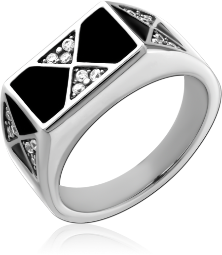 316L SURGICAL STEEL RING GEOMETRIC BLACK INLAY WITH CLEAR GEM ACCENTS