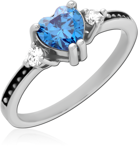 316L SURGICAL STEEL RING BLUE HEART GEM WITH SIDE CLEAR GEMS