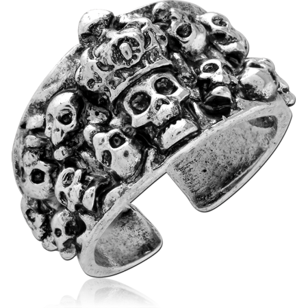 316L SURGICAL STEEL RING CROWNED SKULL CLUSTER OPEN BAND OXIDIZED DETAIL