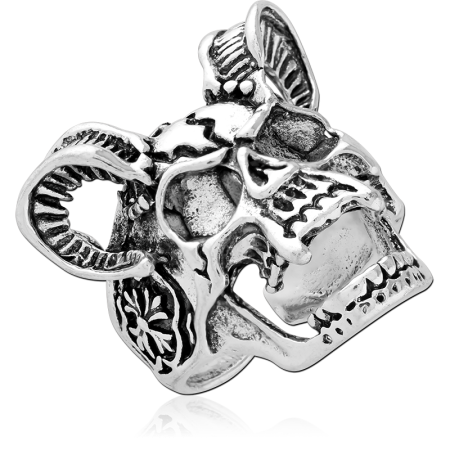 316L SURGICAL STEEL RING HORNED RAM SKULL OPENWORK BAND OXIDIZED DETAIL