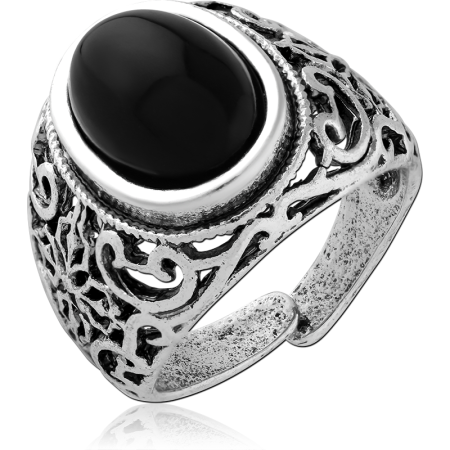 316L SURGICAL STEEL RING BLACK OVAL CABOCHON FILIGREE BAND OXIDIZED DETAIL