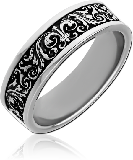 316L SURGICAL STEEL RING BLACK SCROLLWORK INLAY BAND CONTRAST DETAILING