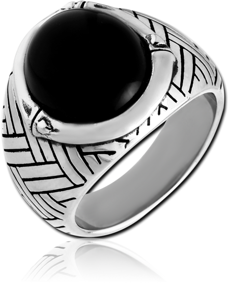 316L SURGICAL STEEL SIGNET RING BLACK ONYX CABOCHON CENTER ENGRAVED SHOULDERS