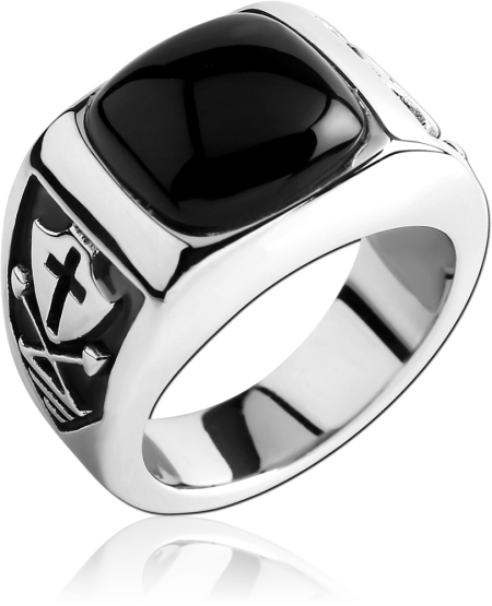 316L SURGICAL STEEL RING BLACK ONYX RECTANGULAR WITH CROSS SIDE DETAIL
