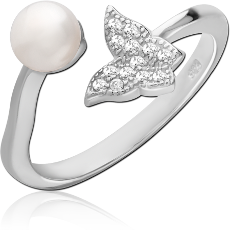 STERLING SILVER 925 RING OPEN LEAF AND PEARL WITH PAVE GEMS