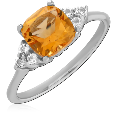STERLING SILVER RING CUSHION-CUT ORANGE GEM WITH CLEAR SIDE STONES