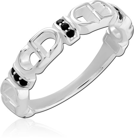 STERLING SILVER 925 RING LINK BAND WITH BLACK GEM ACCENTS