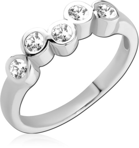 STERLING SILVER 925 RING FIVE BEZEL-SET ROUND CLEAR GEMS CURVED ROW