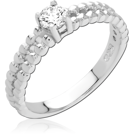 STERLING SILVER 925 RING PRONG-SET CLEAR ROUND SOLITAIRE WITH BEADED SHANK