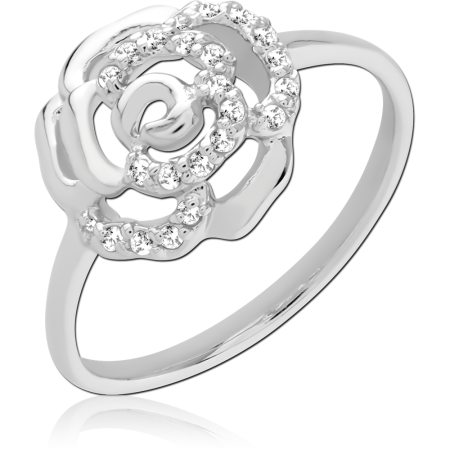 STERLING SILVER 925 RING OPEN ROSE OUTLINE WITH CLEAR CRYSTAL ACCENTS