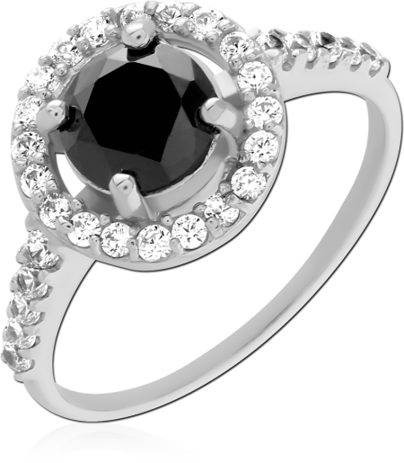 STERLING SILVER 925 RING HALO DESIGN WITH BLACK CENTER STONE AND CLEAR ACCENTS