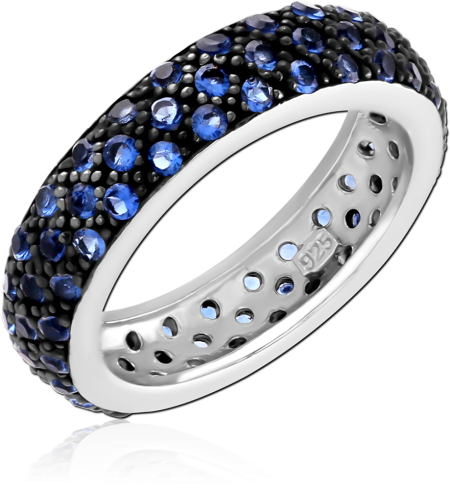 STERLING SILVER 925 RING BLUE CRYSTAL PAVE DOME BAND WITH BLACK ACCENTS