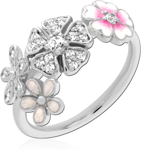 STERLING SILVER 925 RING MULTI FLOWER CLUSTER WITH GEMS AND ENAMEL ACCENTS