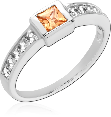 STERLING SILVER 925 RING PRINCESS CUT ORANGE GEM WITH SIDE GEMS