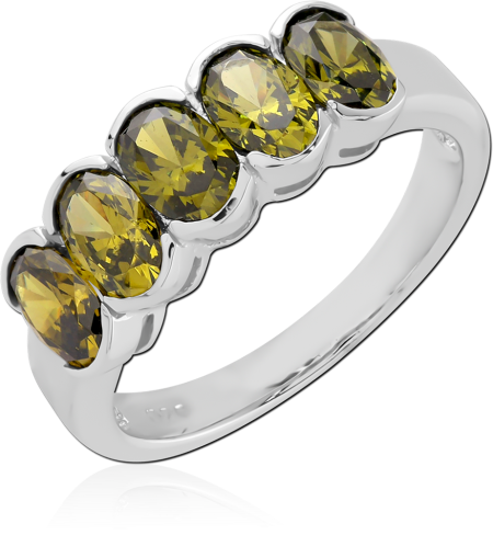STERLING SILVER 925 RING FIVE OVAL GREEN GEMS ACROSS SCALLOPED BAND