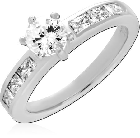 STERLING SILVER 925 RING ROUND SOLITAIRE WITH PRINCESS CUT SIDE GEMS
