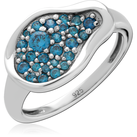 STERLING SILVER 925 RING WAVY TOP ASYMMETRICAL CLUSTER WITH BLUE PAVE GEMS