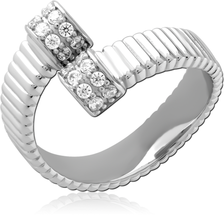 STERLING SILVER 925 RING RIBBED BYPASS BAND WITH PAVE CLEAR GEM CAPS