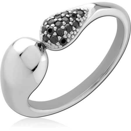 STERLING SILVER 925 RING OPEN BYPASS WITH PAVE BLACK GEM TEARDROP END