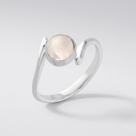 STERLING SILVER 925 RING BEZEL IRIDESCENT CABOCHON STONE ASYMMETRICAL BYPASS BAND
