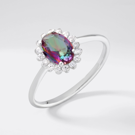 STERLING SILVER 925 RING OVAL RAINBOW GEM HALO WITH CLEAR GEMS