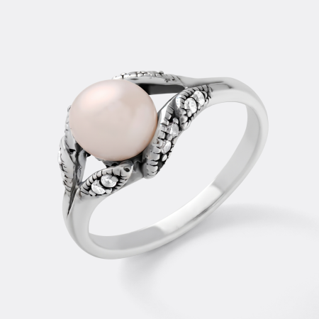 STERLING SILVER 925 RING PINK PEARL BEAD WITH LEAF DETAIL AND GEMS