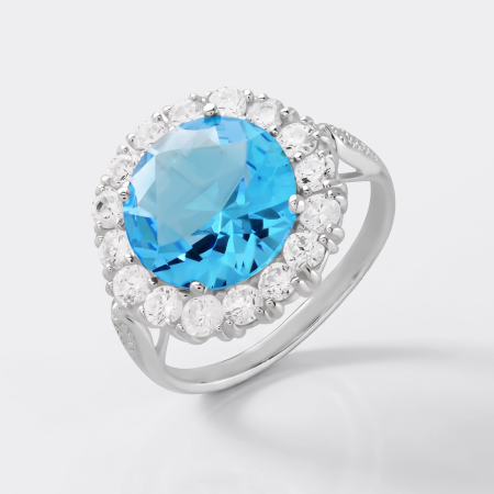 STERLING SILVER 925 RING LARGE BLUE ROUND GEM HALO WITH CLEAR GEMS